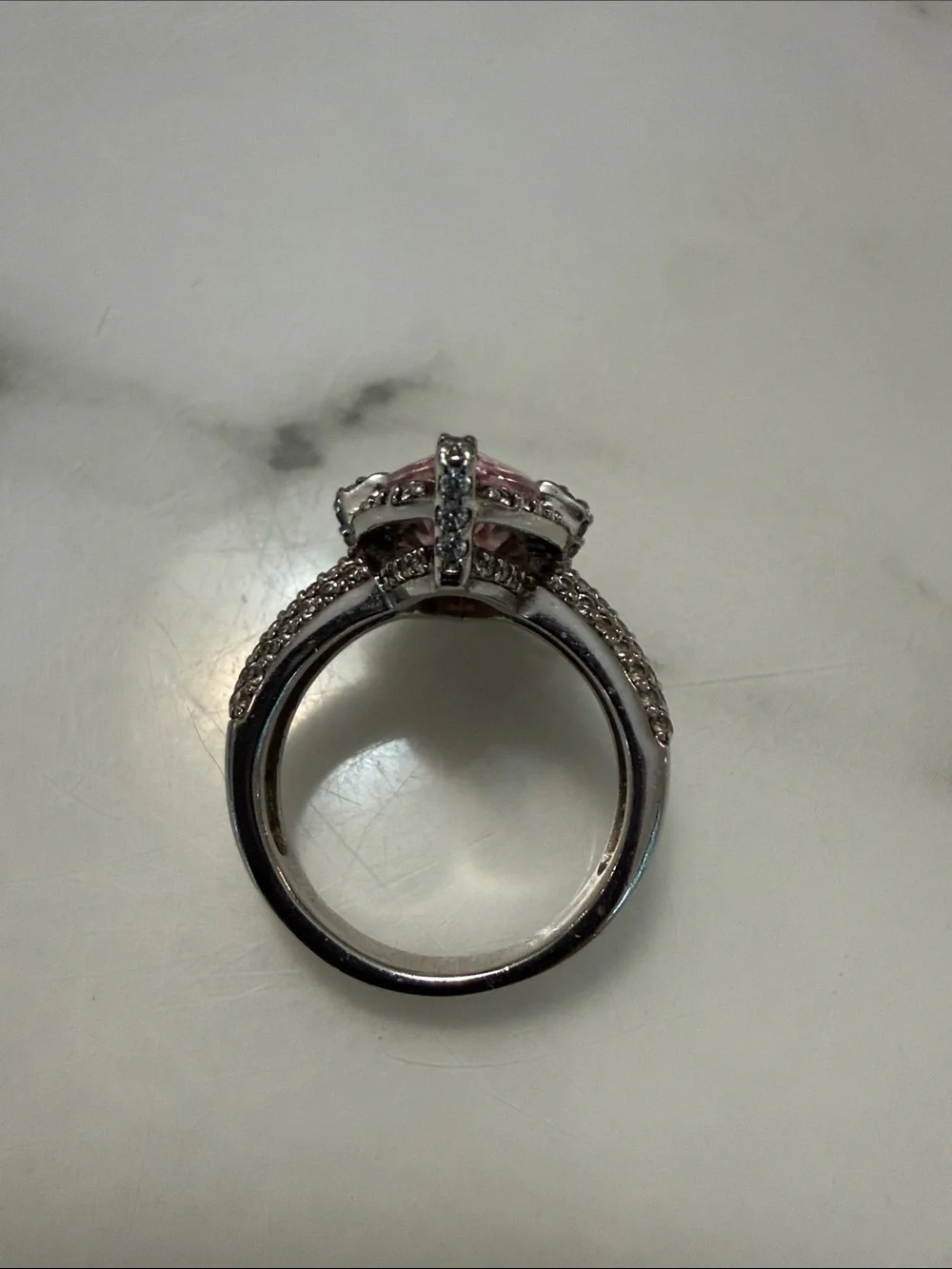 Silver ring with marquise cut pink CZs, size 7